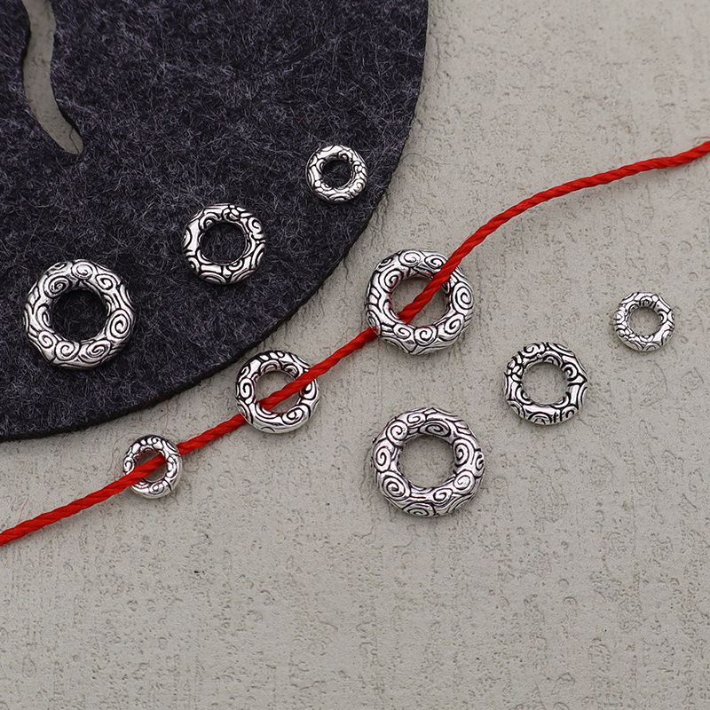 Retro old Xiangyun ring connection closed ring 8/11mm Xizang silver large hole braided rope bead DIY jewelry