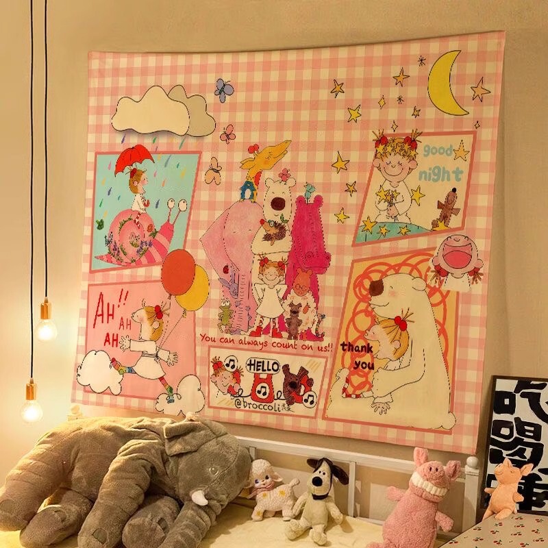 オイルパステルイラスト COCOソース かわいいおやすみ吊り布 子供部屋 寝室 壁飾り 雰囲気背景布 壁布|undefined