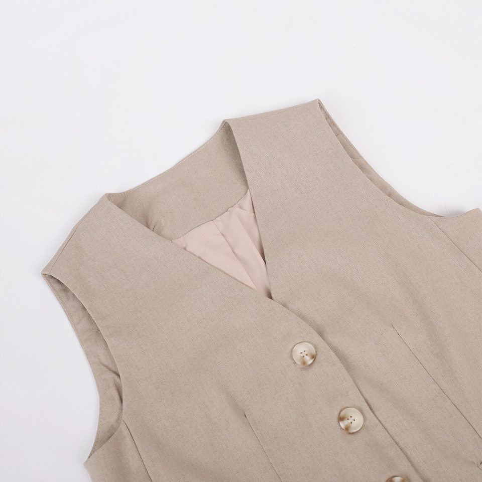 Bộ vest nữ hai mảnh áo vest không tay kèm quần cạp thấp phong cách hiện đại — Kaki, Màu cam, Màu đen chi tiết 8