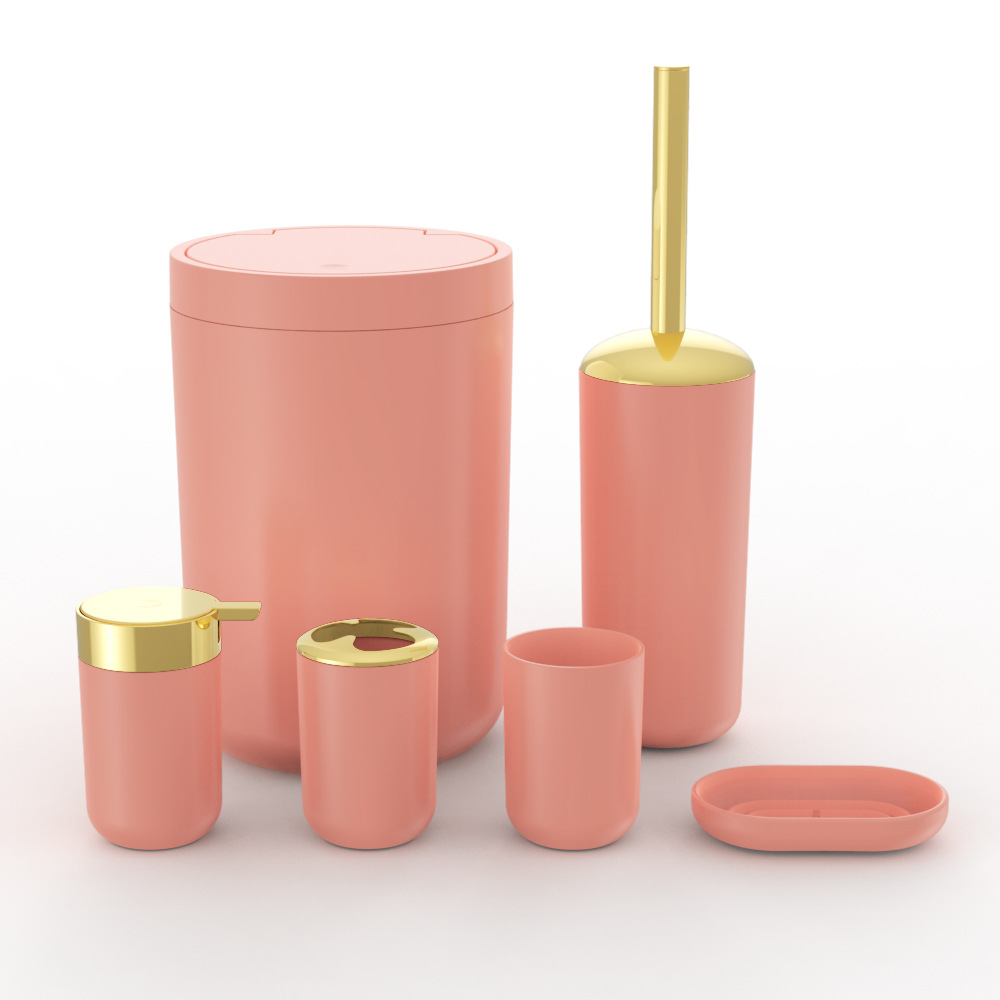Plástico de color sólido chapado en oro seis piezas conjunto de cepillo de dientes caja de jabón cepillo de inodoro almacenamiento baño conjunto de lavado