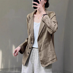 秋季亚麻简约长袖西装外套女装宽松外穿上衣气质通勤棉麻开衫西服