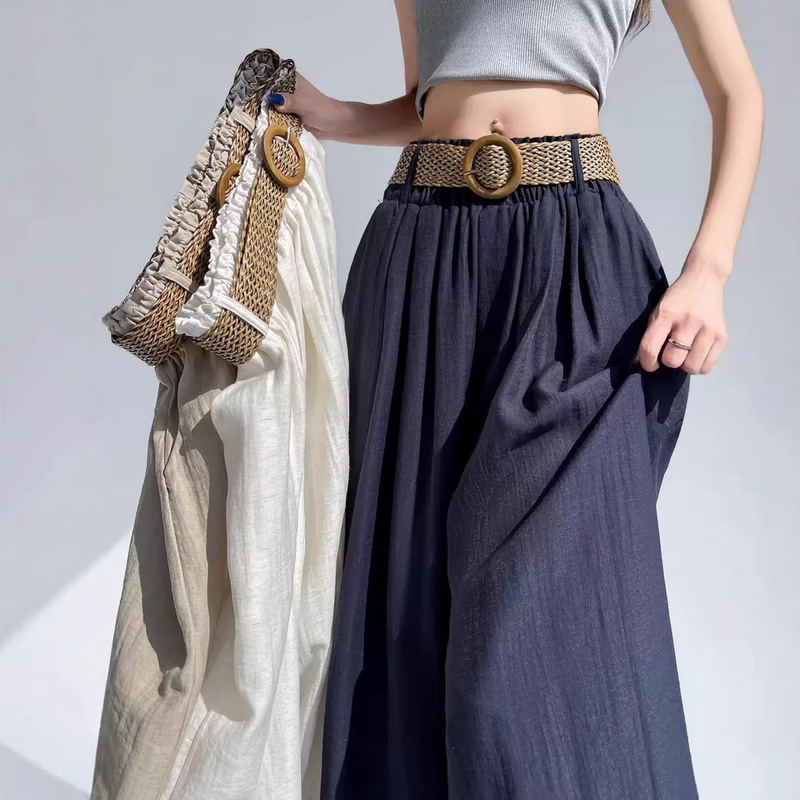 【Free Belt】Ice Silk Cotton Linen Wide-Leg Pants Summer New High-Waisted Cotton-Linen Thin Casual Floor-Length Pants for Women