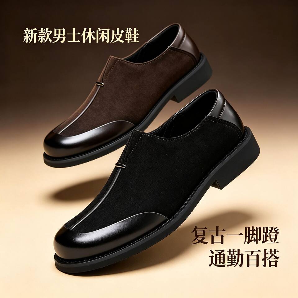 Giày da nam mũi vuông da thật kiểu lười xỏ chân, dễ phối đồ — Màu nâu tây., Thời trang đen
