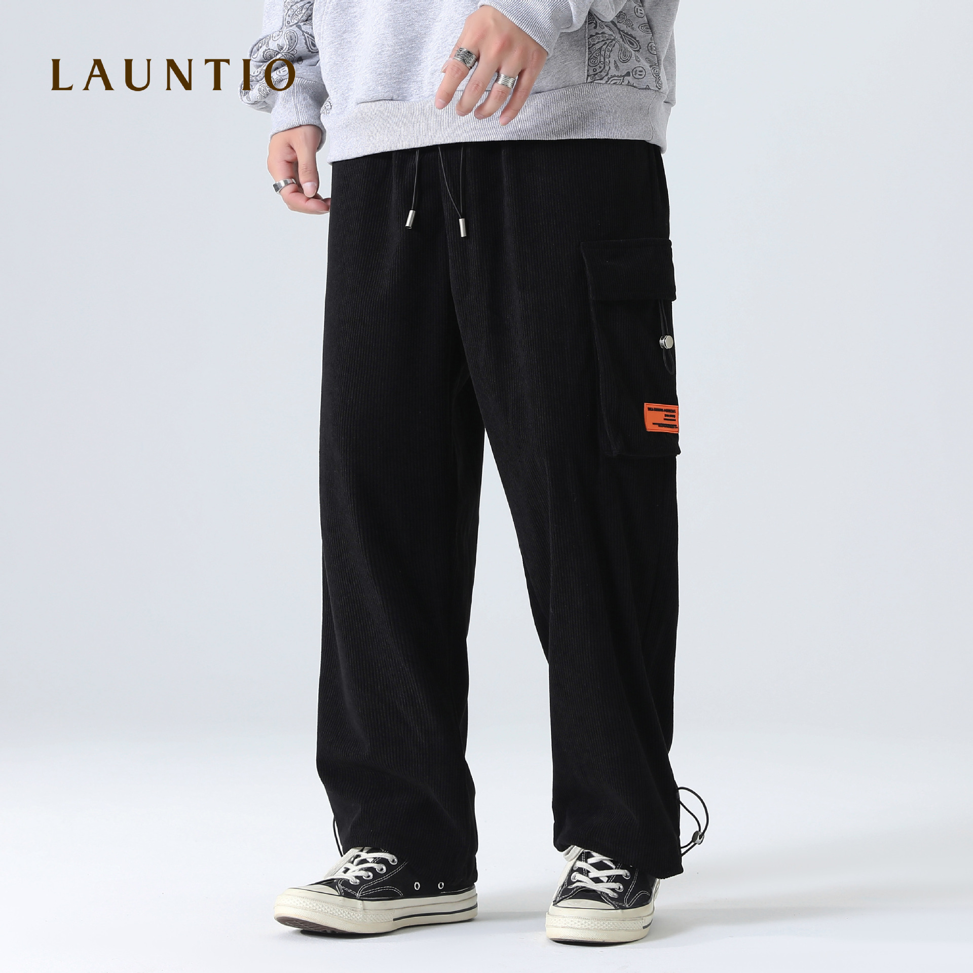龍之日系工裝2023春季純色直筒工裝休閑褲大口袋貼布裝飾休閑褲男