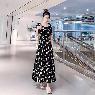 Plus Size Summer Dress for Women, Summer Fat mm Long Puff Sleeves, Waist Slimming Look, Super Fairy Black Skirt White