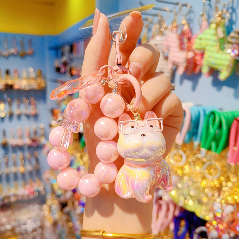 Llavero bulldog lindo creativo exquisito llavero de coche Cordón de teléfono móvil Gafas de color degradado de resina de galvanoplastia