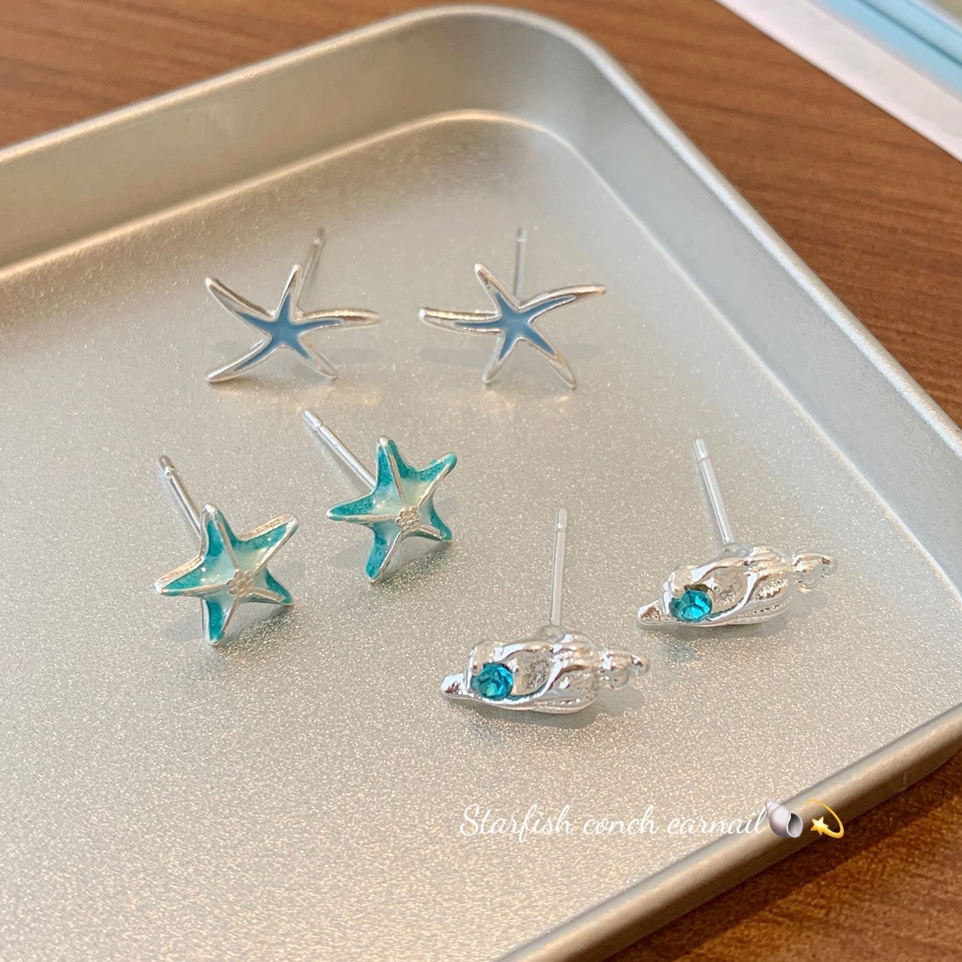 ocean blue zircon starfish conch stud earrings female silver needle summer niche design beach vacation style earrings