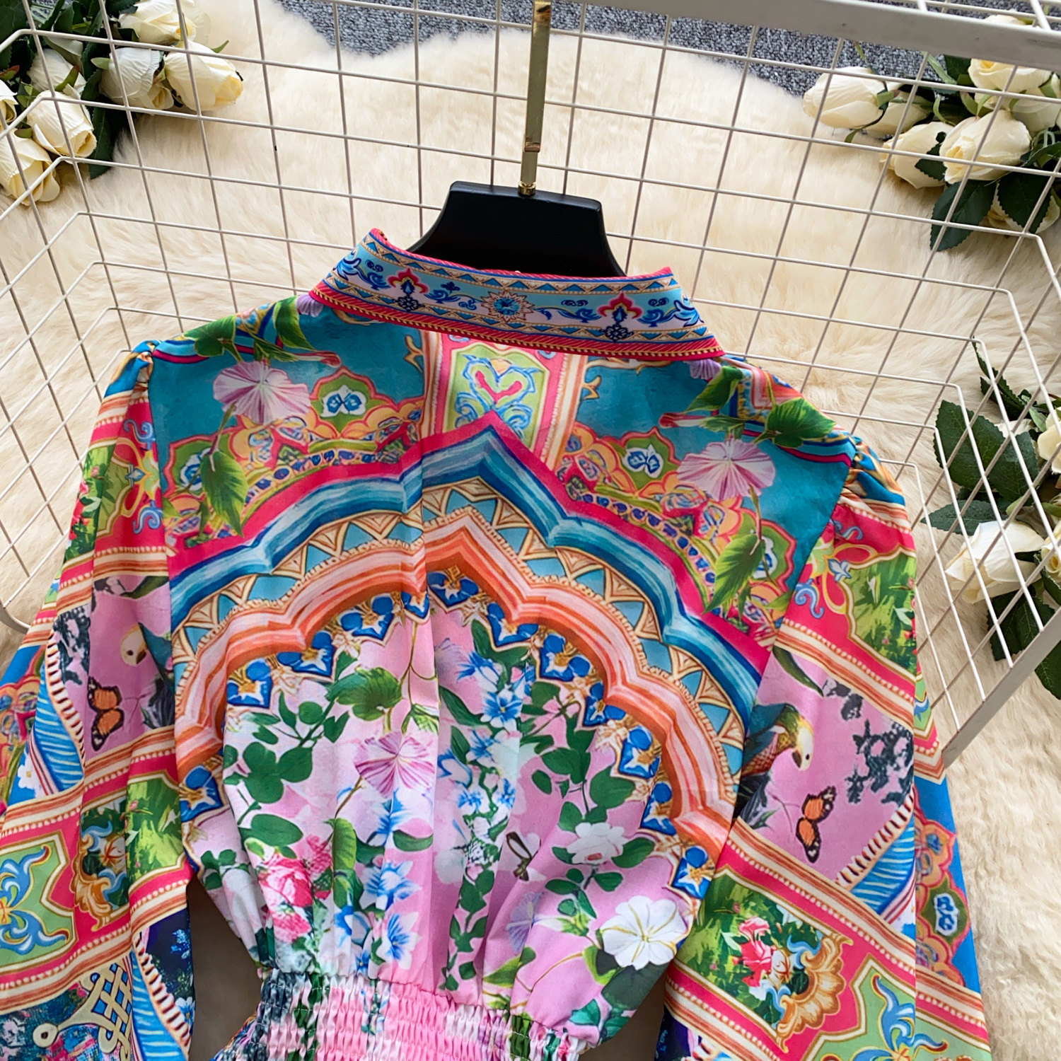Women's Bohemian Print Dress Korean Style Long Sleeve Shirt Collar Tie Waist Cinching a Line Skirt for Vacation Summer_ecoleips.com