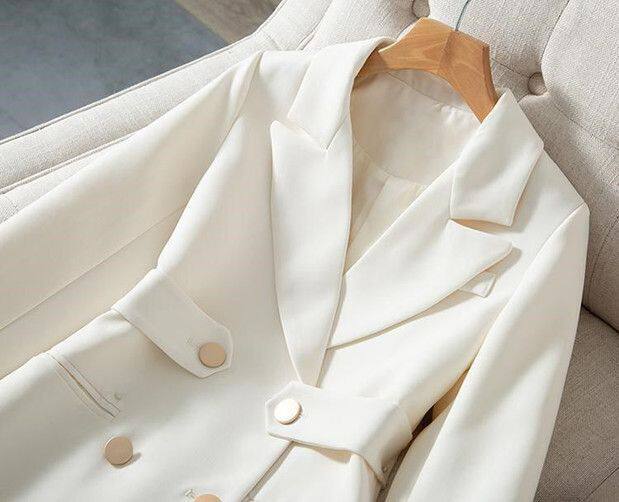 Áo blazer nữ dáng eo dài vừa, tay dài, đệm vai, cổ vest, phong cách thanh lịch — Màu trắng nhạt, màu đen, trắng, Bông mùa đông màu trắng nhạt chi tiết 12