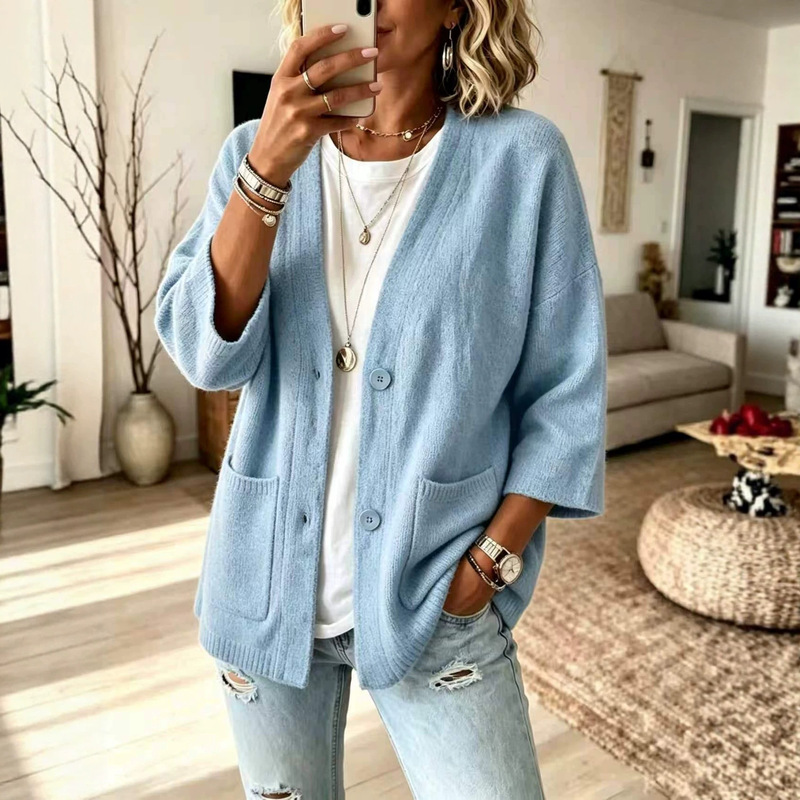 Plus-size women's autumn and winter new loose knit cardigan sweater jacket, round neck, single-breasted, fashionable and versatile, long-sleeved