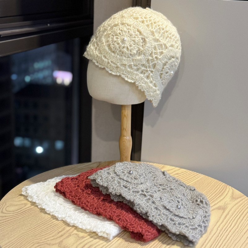 新款秋冬加厚手工双层钩花针织帽女保暖毛线帽气质民族风包头帽子|undefined