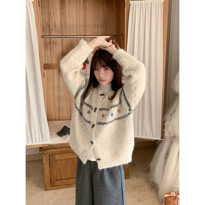 费尔岛休闲毛衣开衫女秋冬季牛角扣宽松慵懒风森系提花针织衫外套