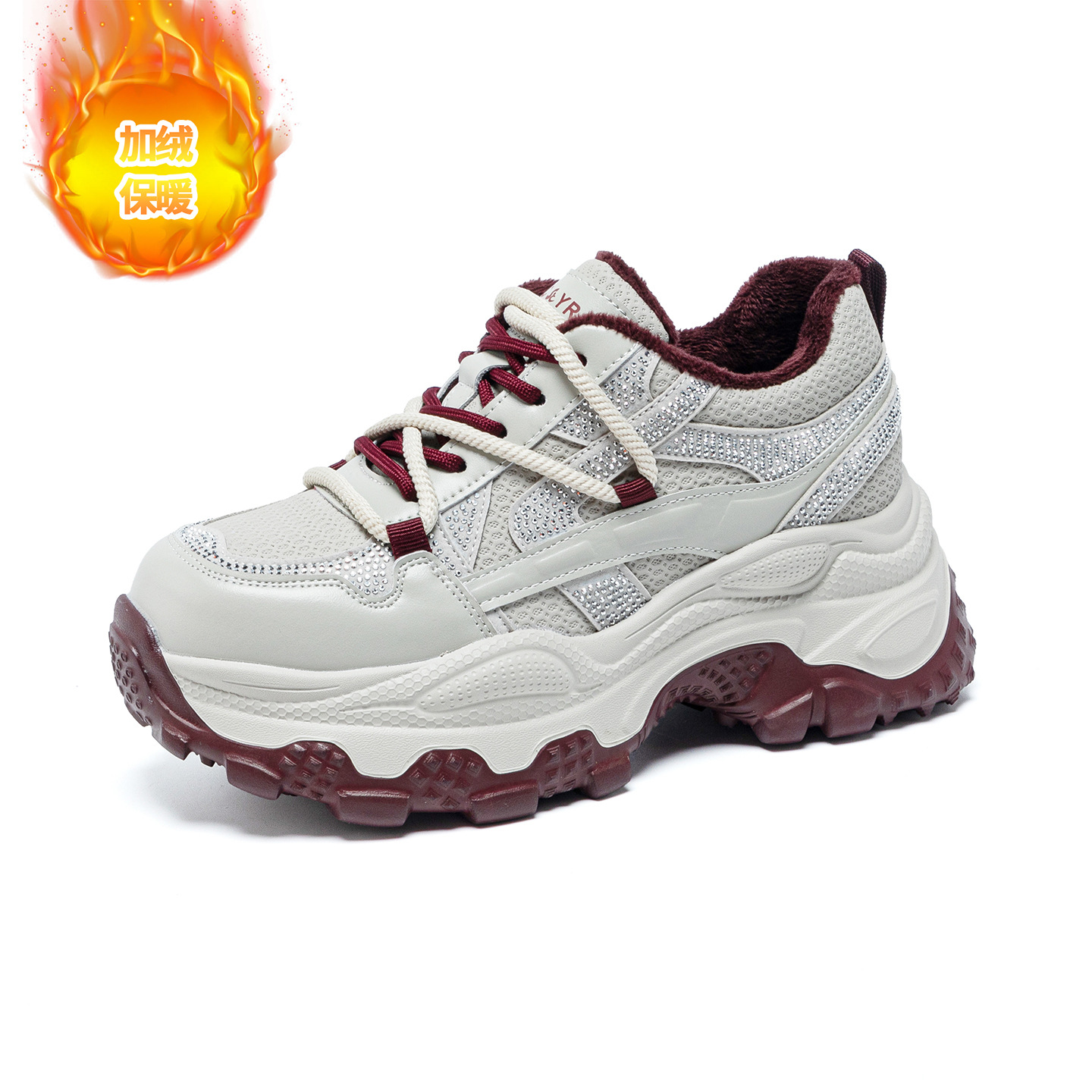 Giày sneaker nữ chunky đế dày phối đá pha lê, tăng chiều cao, siêu nhẹ, thể thao thời trang — 5022-1 đỏ lót lông, 5022 đỏ một lớp