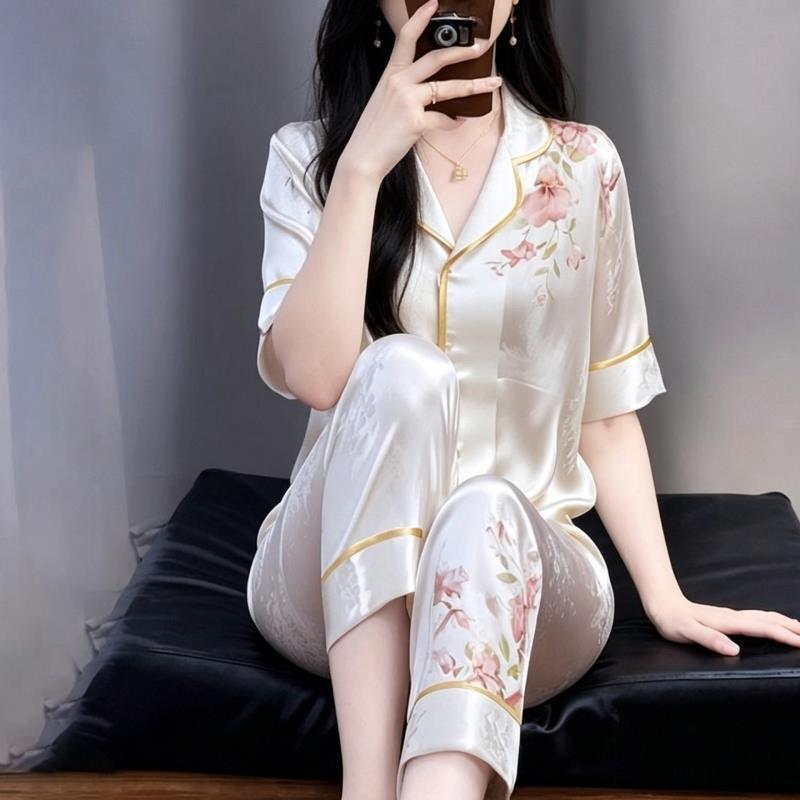 2026 Ice Silk High-End Spring/Summer Women's Pajamas, Sweet Printed Long and Short Styles, Fashionable Printed Internet Celebrity Homewear Set 2026 Ice Silk High-End Spring/Summer Women's Pajamas, Sweet Printed Long and Short Styles, Fashionable Printed Internet Celebrity Homewear Set
