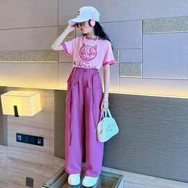 女童卡通套装2024夏季新款中大童字母短袖女孩洋气阔腿裤两件套潮