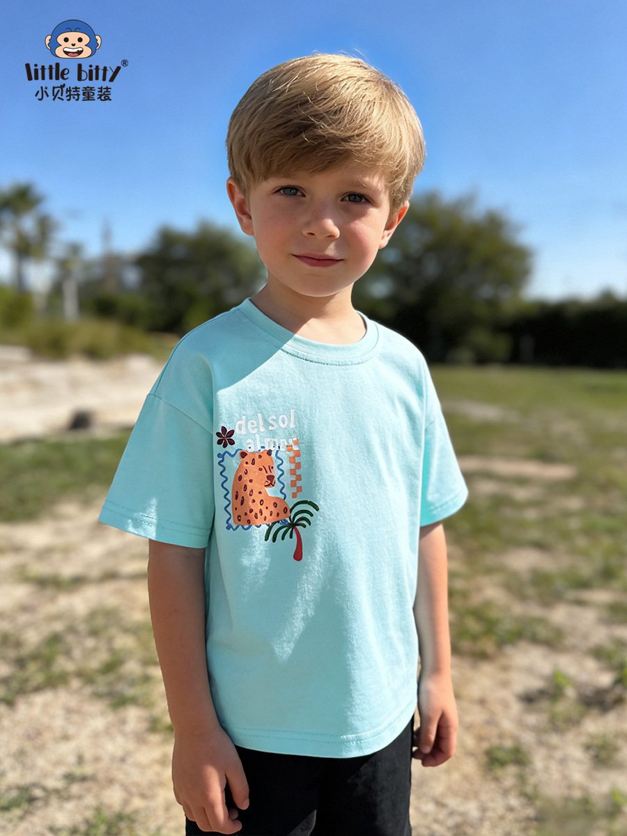 Spring/Summer 2026 European and American Style Children's Short-Sleeve T-Shirt with Cartoon Animal Print, Fashionable Round Neck Print for Young Children