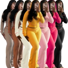 HR24058 欧美跨境女装 华夫格肌理面料 连肩袖带帽微喇叭休闲套装