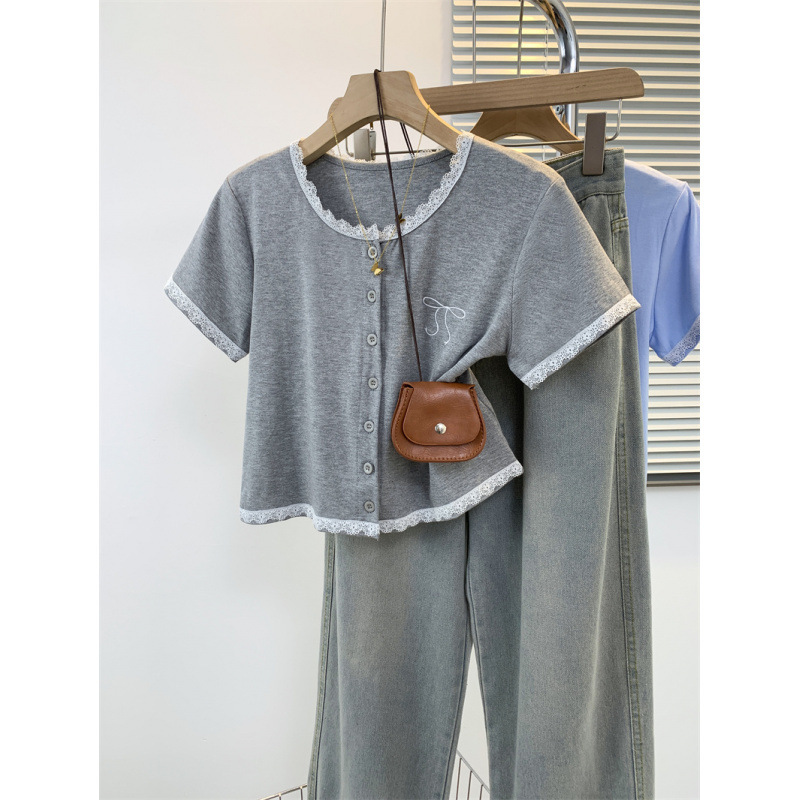Gray Summer New Lace Splicing Right Shoulder T-Shirt for Women 2025 Summer New Korean Style Chic Short-Sleeved Top
