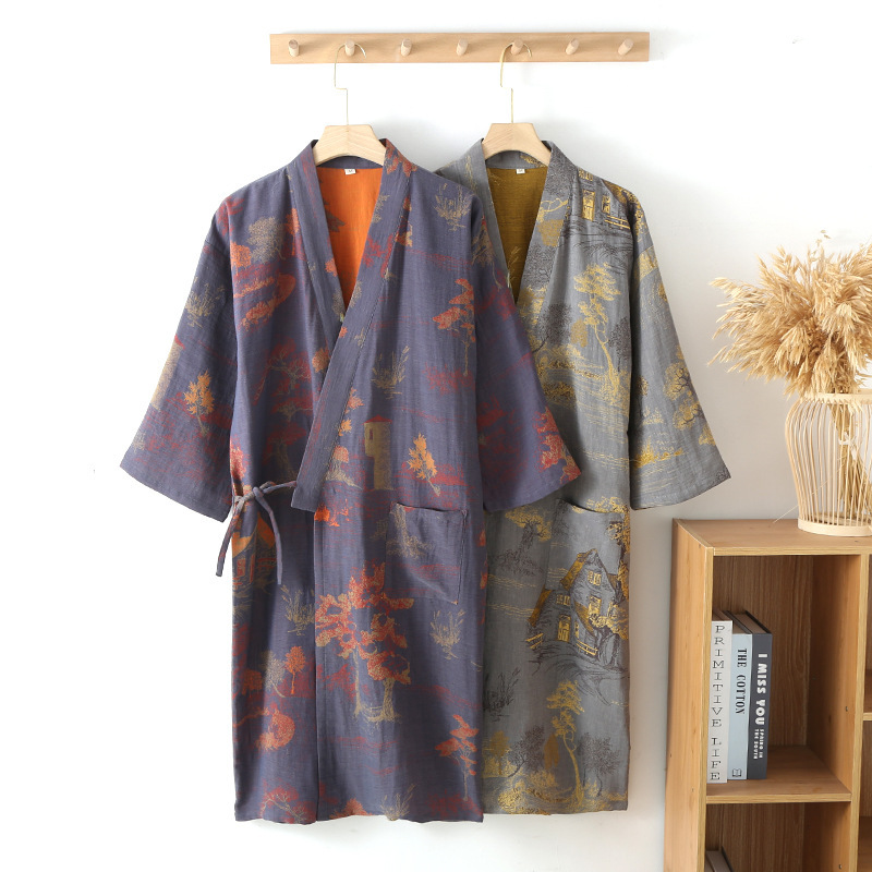 Japanese style pure cotton jacquard couple kimono nightgown Chinese style hanfu men's and women's plus size pajamas home wear bathrobe sweat steaming clothes