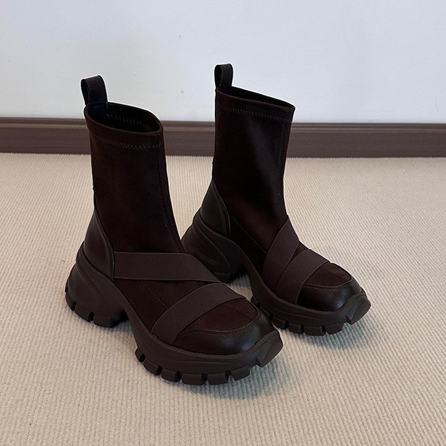 Cowhide Version ~ Designed Suede Cross-Strap Small Thick-Soled Boots for Women, Retro Simple Elastic Slim Boots