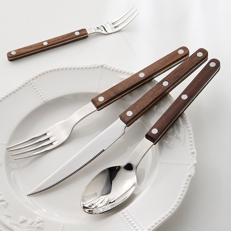 Bistec de acero inoxidable 304, cuchillo y tenedor, imitación de grano de madera, mango de tres clavos, vajilla, cuchillo, tenedor y cuchara de comida occidental, juego de cuchara de postre de alta calidad