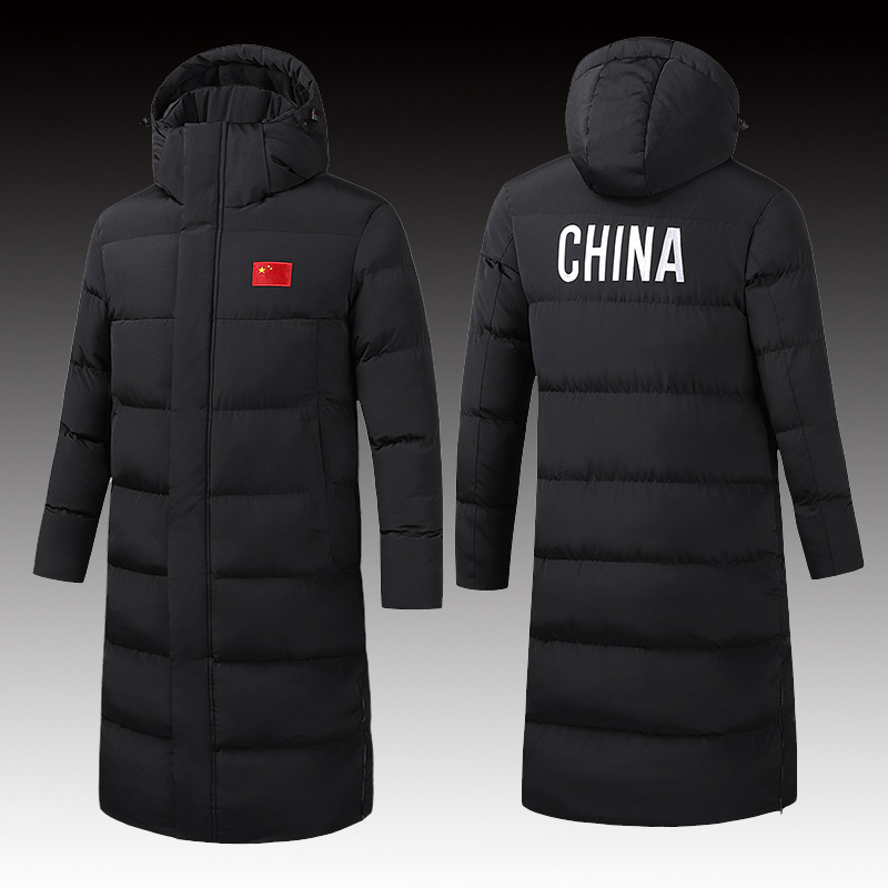 中国队冬训加绒过膝运动员棉大衣男长款冬季体院训练羽绒棉服