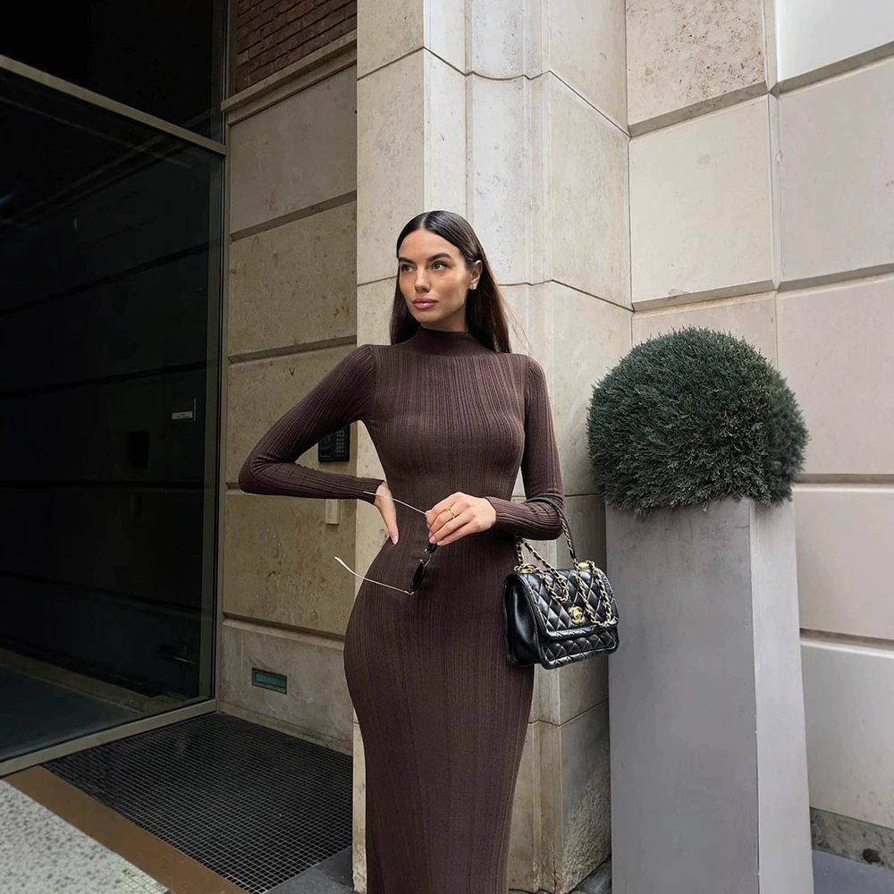 AliExpress осень-зима новая трикотажная юбка с высоким воротником, обтягающая европейская, американская и французская элегантная основа, сплошной свитер платье