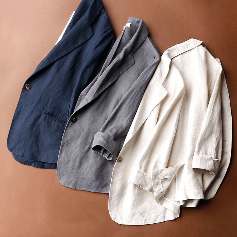 Women's cotton and linen blazer, Korean style, single button, loose fit, versatile solid color, trendy.
