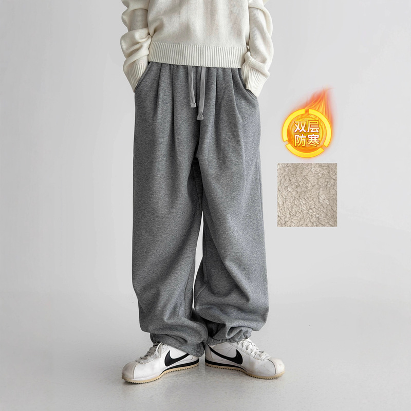 Double-Row Pleated Design, Loose Straight-Leg Sweatpants, Drapey, Non-Fitting Waist and Feet, Double-Adjustable High-Elastic Elastic Waist for Outer Wear