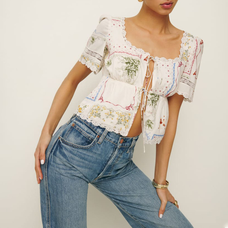 Amazon Shirt Women's 2025 Spring New Floral Embroidered Poplin V Neck Shirt Top