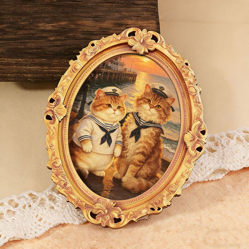 Cross-Border Vintage Navy Cat Wooden Refrigerator Magnet Oval Vintage Photo Frame Refrigerator Decoration Sticker Ornament