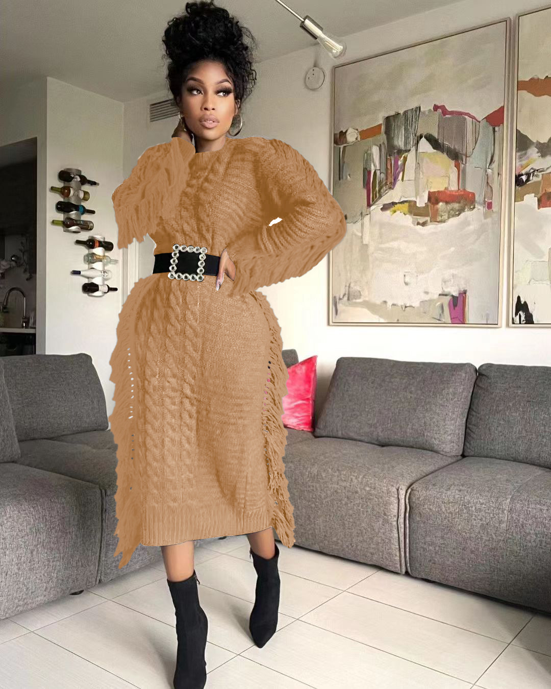 Robe pull femme avec franges longues en maille pour l'hiver_voghion.com
