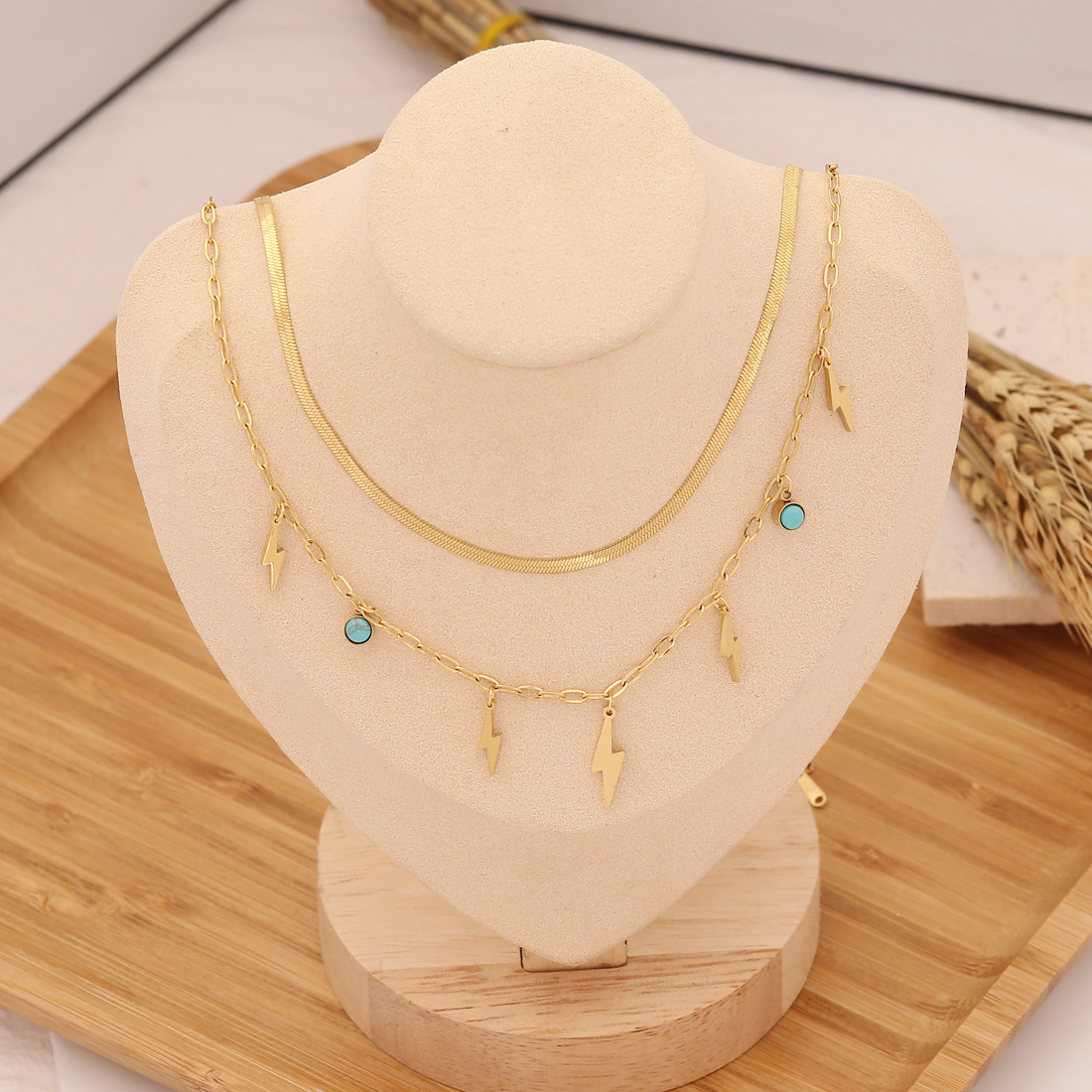 Stainless Steel Flower Double Layer Turquoise Zircon Necklace_colorza_5