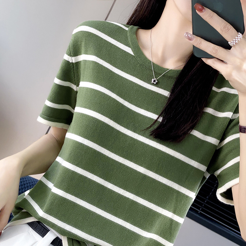 2023 French Short-sleeved Striped Cotton Knitted Women's Crewneck Contrast Navy Style Casual Pullover Top New