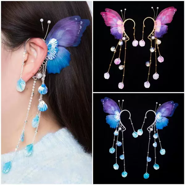 Children's Earrings Mermaid Super Fairy Ancient Style Hanfu Accessories Tassel Girls' Ear Clips Princess Non-Pierced Butterfly Earrings
