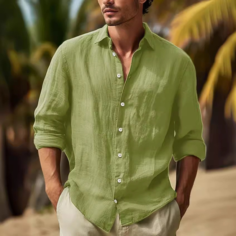 2023 new cotton and linen new men's long sleeve shirt solid color lapel casual style shirt'in stock