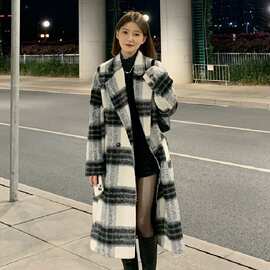 2025秋冬新款韩系气质格子毛呢外套中长款高级感呢子大衣女小个子