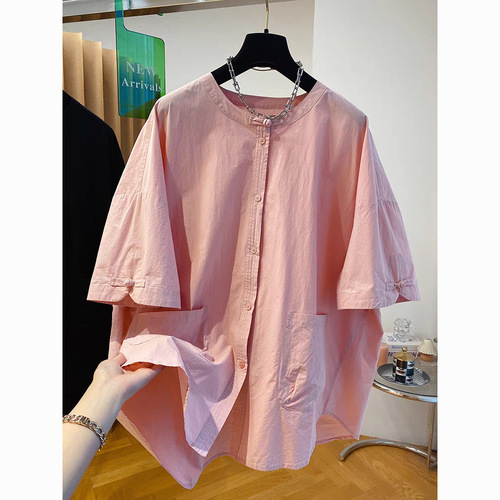 Women's 2024 Summer New Style Pure Color Chinese Style Shirt Loose Large Size Cotton Short Sleeve Top Trendy Wholesale