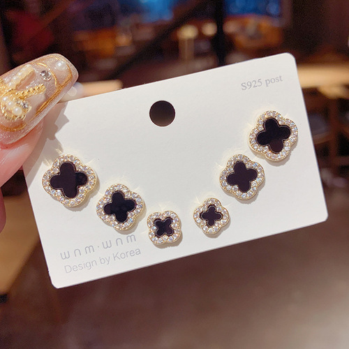 S925 silver needle micro-paved four-leaf flower three-piece set of earrings, one card, three pairs, micro-paved zircon black earrings for women