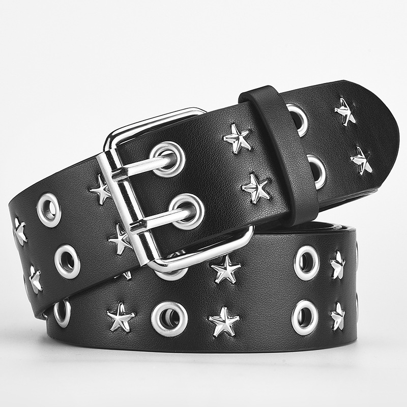 Cinturón Punk con Doble Ojal y Estrellas de Cuero Sintético con Hebilla de Aguja