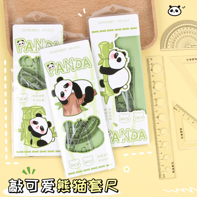 Serie de Panda de dibujos animados conjunto de regla triángulo estudiante aprendizaje papelería acrílico Conjunto de 4 piezas 20cm gobernante transportador
