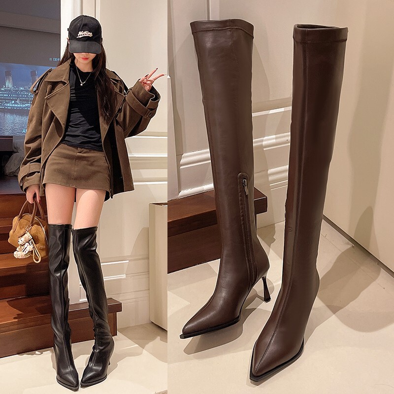 Slimming Pointed-Toe High-Heeled Over-The-Knee Boots for Women, New Spring Style, Thin High-Heeled Leg-Hugging Long Boots, Fashionable to Pair with Skirts