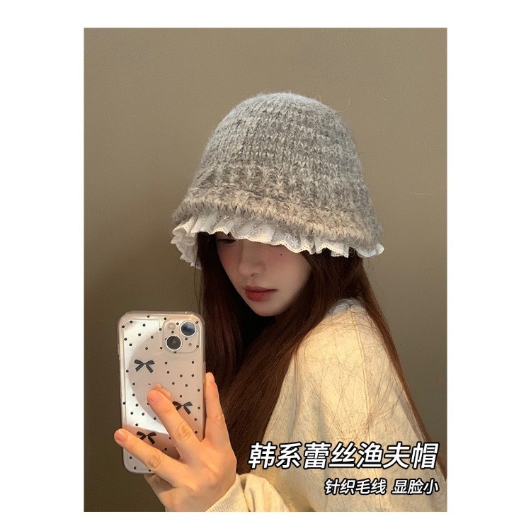 蕾丝花边渔夫帽女秋冬季保暖护耳盆帽时尚韩系显脸小针织毛线帽子|undefined