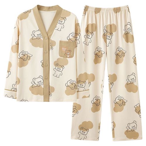 A variety of optional pajamas for women in spring and autumn pure cotton long-sleeved autumn thin cartoon cute style can be worn outside home clothes set