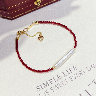 Silver bar baroque toothpick natural freshwater pearl red crystal bracelet for women simple temperament versatile niche style hand jewelry