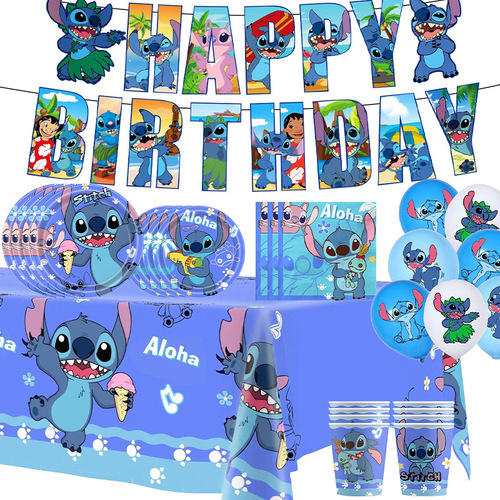 Cartoon Stitch: Lilo & Stitch-themed Birthday Party Paper Plate, Paper Cup, Tissue, Bunting, Tableware, and Decorative Set for Use