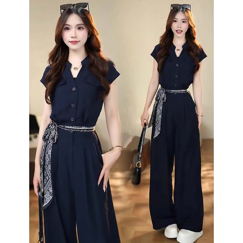 Fashion Jumpsuit Set for Women, New Summer Style, Trendy and Youthful Design with Silk Scarf Belt Set