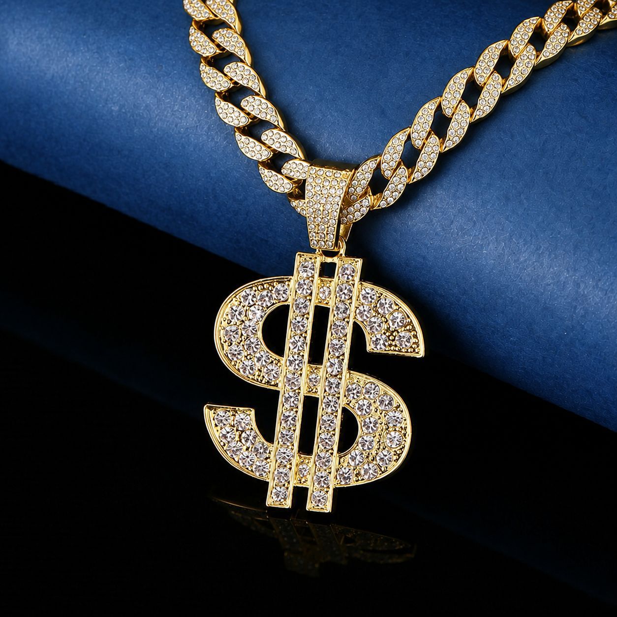 Collar de símbolos de dólar exagerado con diamantes llenos de dólar masculino y femenino moda colgante collar largo collar image 1