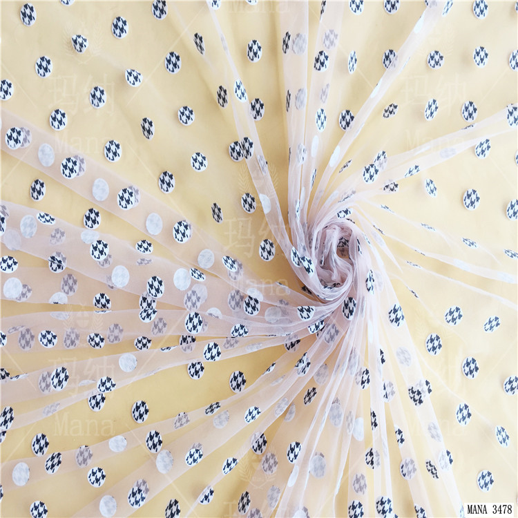圆点千鸟格印花植绒网纱 锦纶六角网眼布  连衣裙公主裙纱网纱