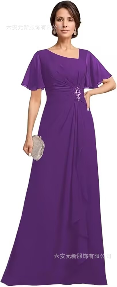 Vestido de novia de gasa de Amazon vestido de madre mariposa de manga corta plisada larga aplicación vestido de invitado de boda